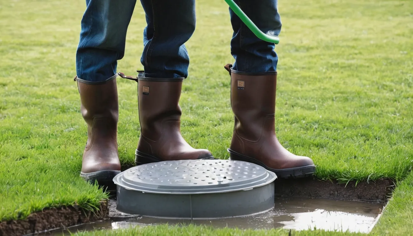 A provider checking a septic tank lid in a yard near Denver